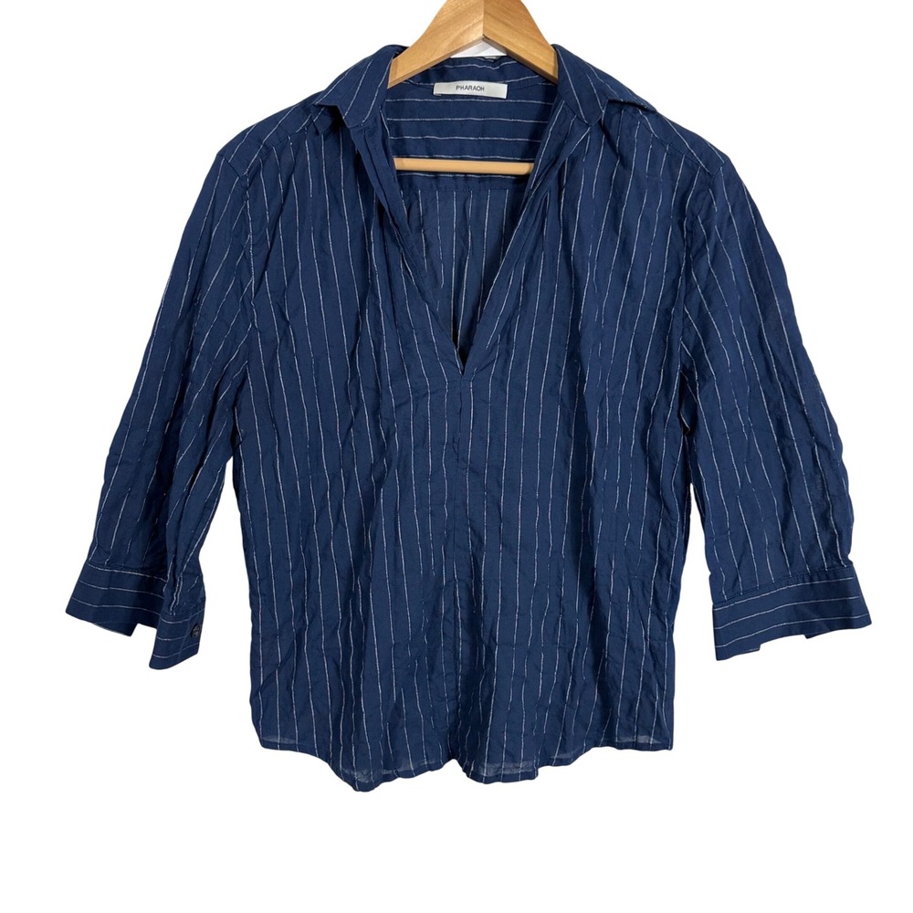 Pharaoh Navy Blue Pinstripe V-Neck 3/4 Sleeve Cotton Blouse Size 2 Made in USA